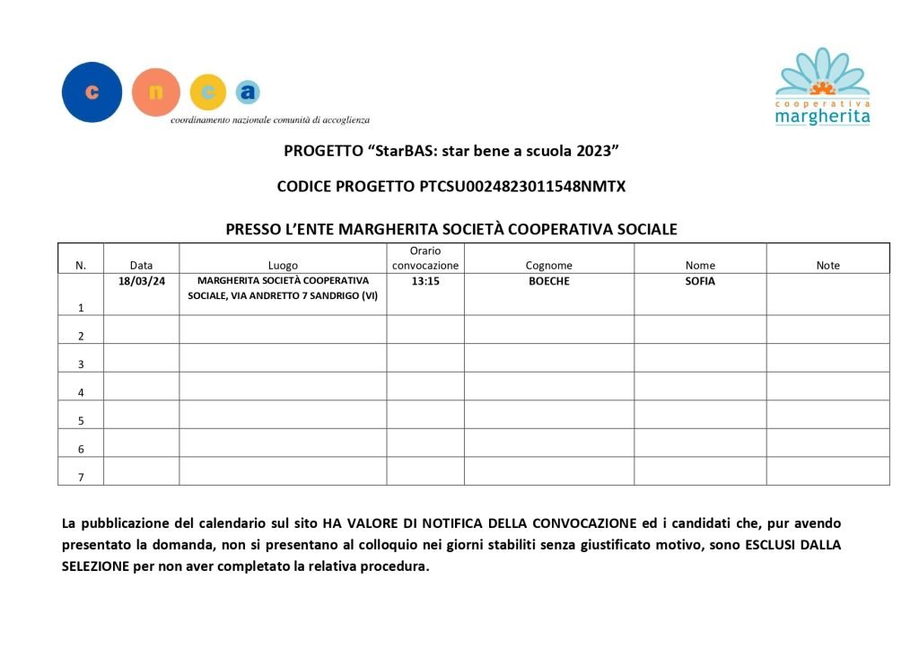 SCU calendario di selezione